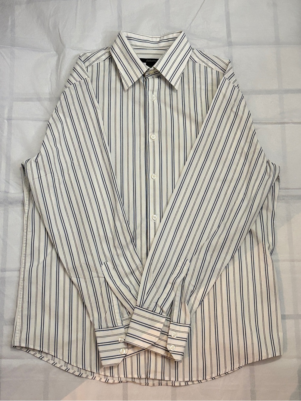 Claiborne Modern Fit Striped Long Sleeve Dress Shirt White Blue Gold Size Large